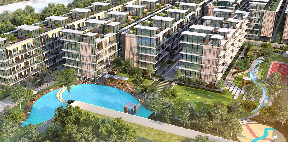 "Exterior view of Signature Global Park 4&5, a modern residential complex surrounded by lush greenery and well-manicured gardens."